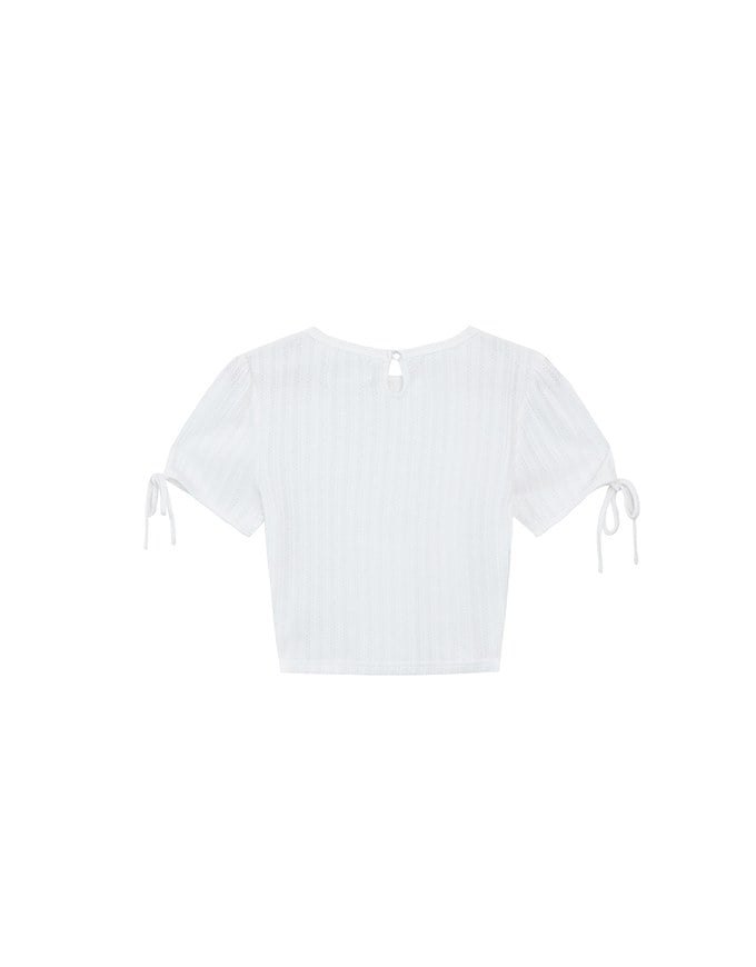 Sheer Stripe Texture Ribbed Top with Drawstring Cuff Sleeves Detail