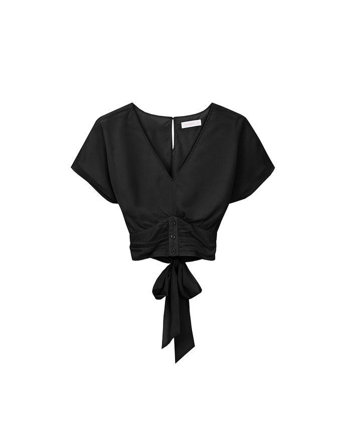 V Neck Ruched Waist Wrap Back Short Sleeve Top