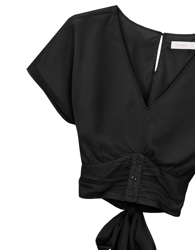 V Neck Ruched Waist Wrap Back Short Sleeve Top