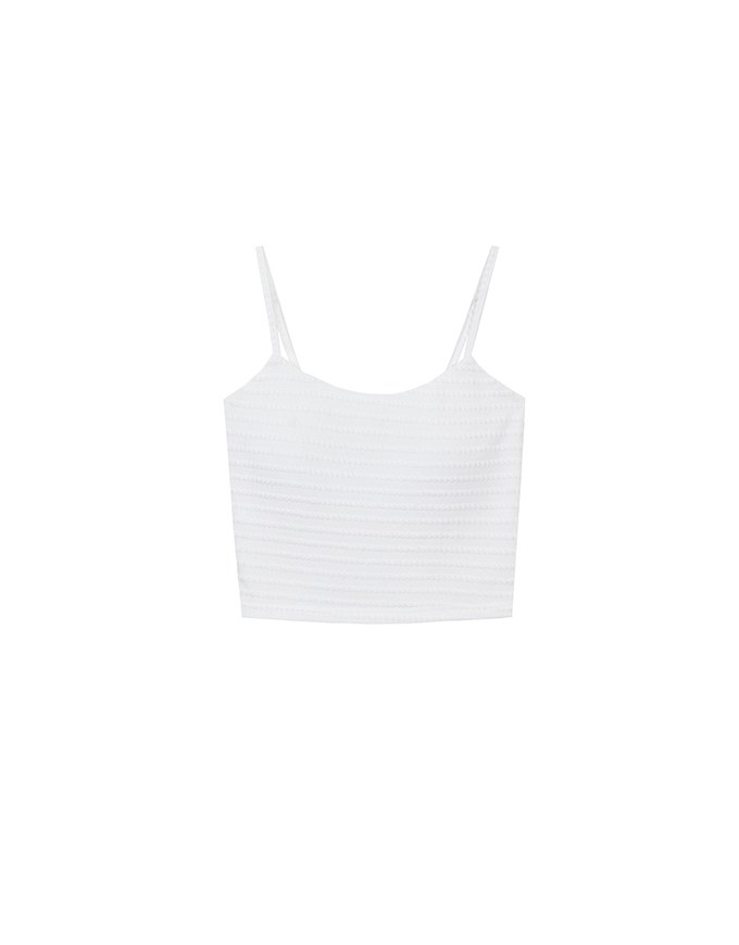 Stretchy Wavy Texture Ribbed Knit Spaghetti Strap Cropped Camisole Padded Top