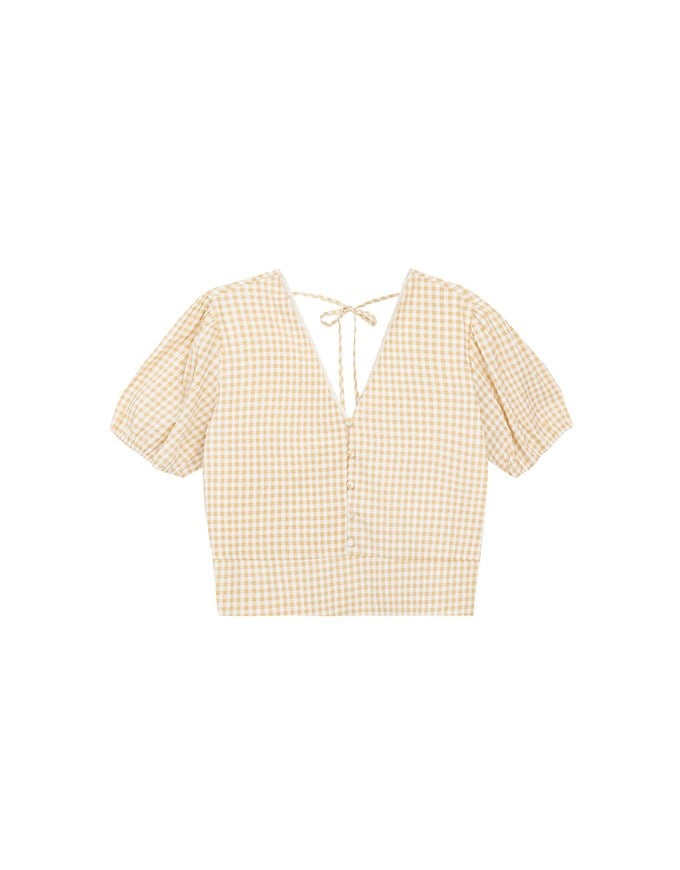 V Neck Gingham Crop Blouse with Puff Sleeves and Smocked Waistband