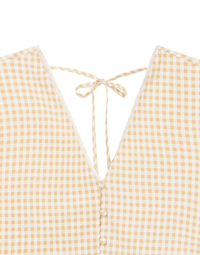 V Neck Gingham Crop Blouse with Puff Sleeves and Smocked Waistband