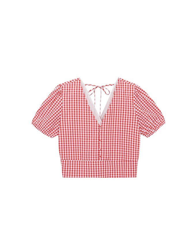 V Neck Gingham Crop Blouse with Puff Sleeves and Smocked Waistband