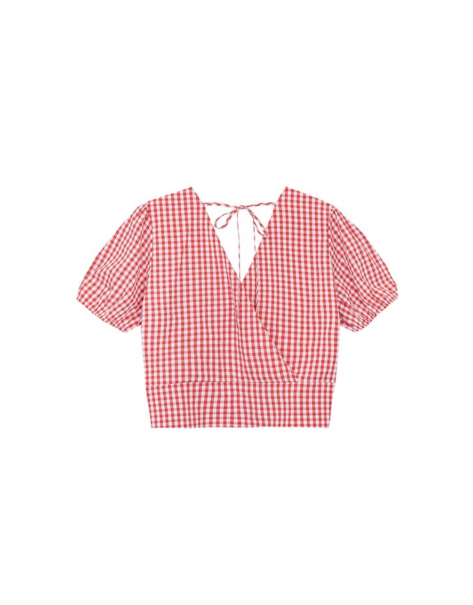 V Neck Gingham Crop Blouse with Puff Sleeves and Smocked Waistband