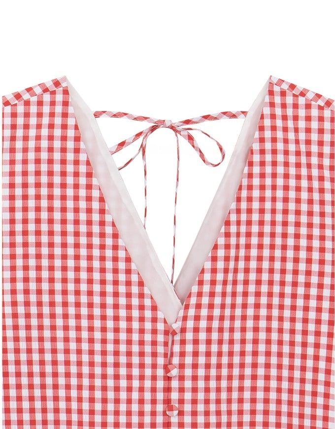 V Neck Gingham Crop Blouse with Puff Sleeves and Smocked Waistband