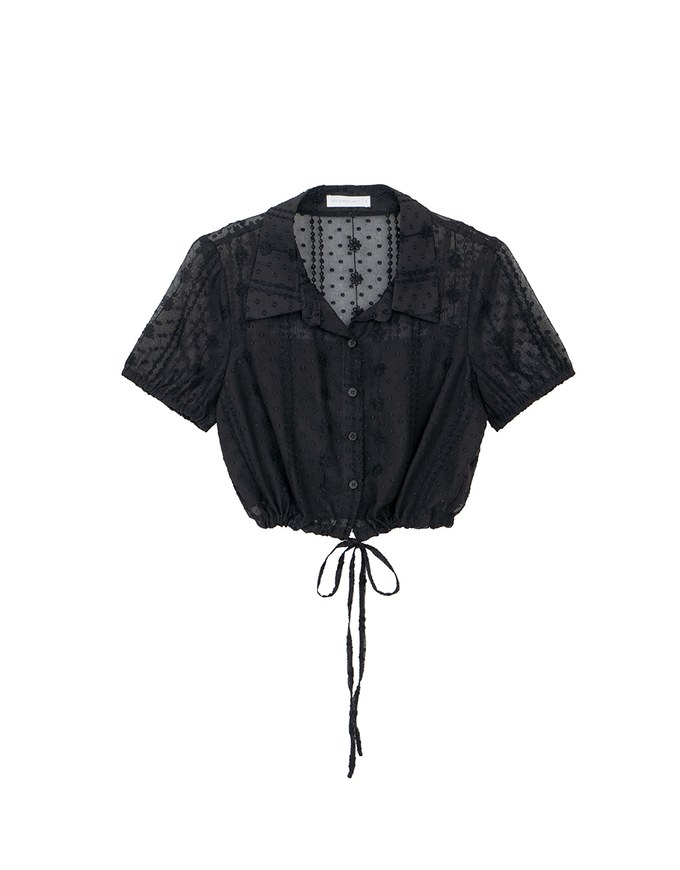 Dot Pattern Floral Lace Embroidered Puff Sleeve Cropped Shirt with Drawstring Hem