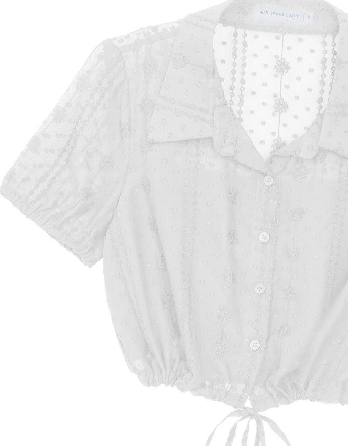 Dot Pattern Floral Lace Embroidered Puff Sleeve Cropped Shirt with Drawstring Hem