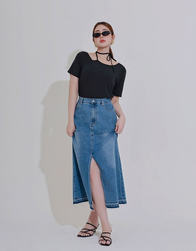 2 Way Asymmetrical Tie Ribbed Short Tee
