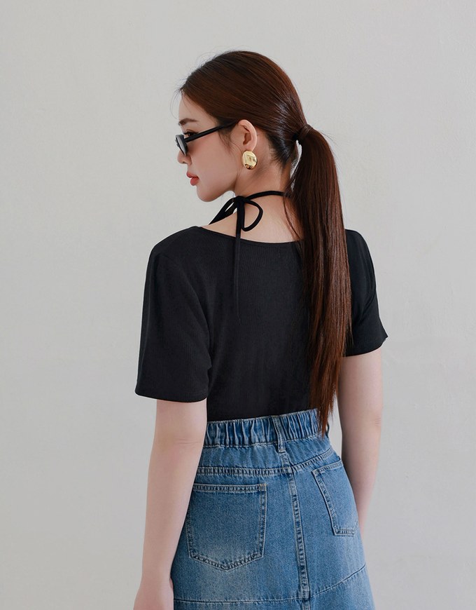 2 Way Asymmetrical Tie Ribbed Short Tee
