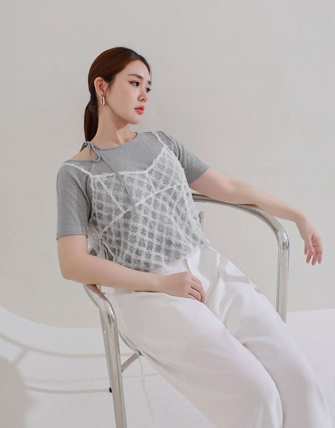 2 Way Asymmetrical Tie Ribbed Short Tee