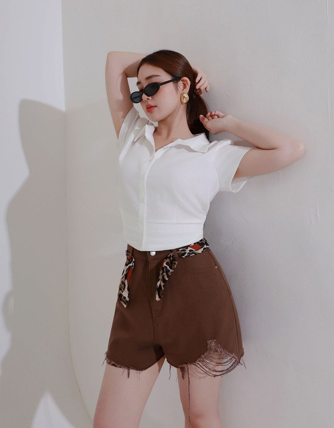 Ruched Waistband Puff Sleeve Shirt