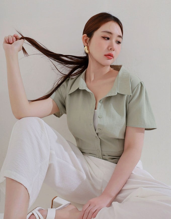 Ruched Waistband Puff Sleeve Shirt