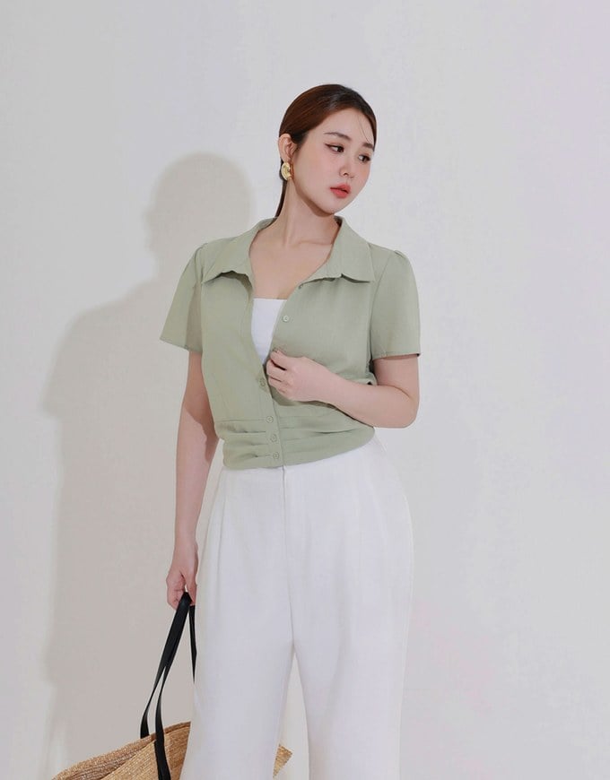 Ruched Waistband Puff Sleeve Shirt