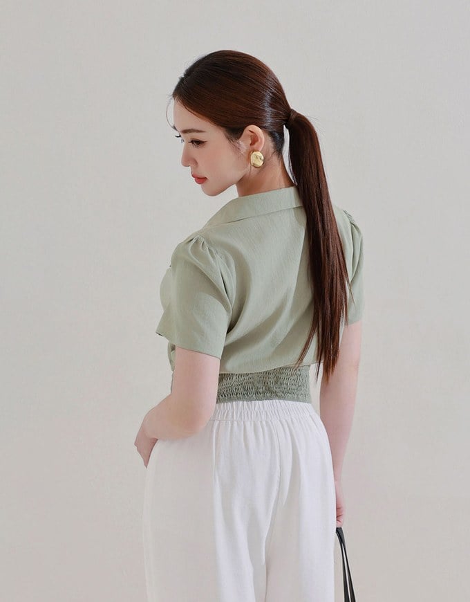 Ruched Waistband Puff Sleeve Shirt
