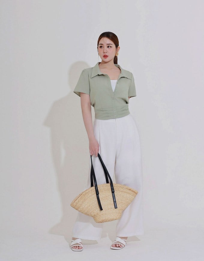 Ruched Waistband Puff Sleeve Shirt