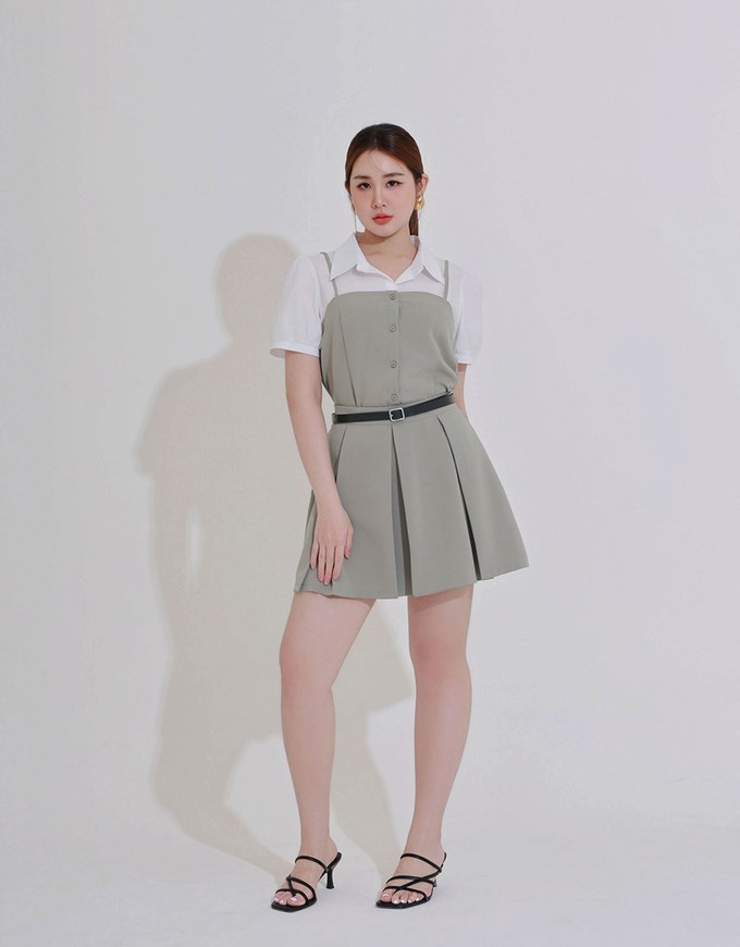 Faux 2 Piece Puff Sleeve Shirt with Buttoned Camisole Overlay