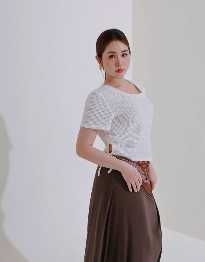 Waffle Knit Side Drawstring Short Sleeve Top