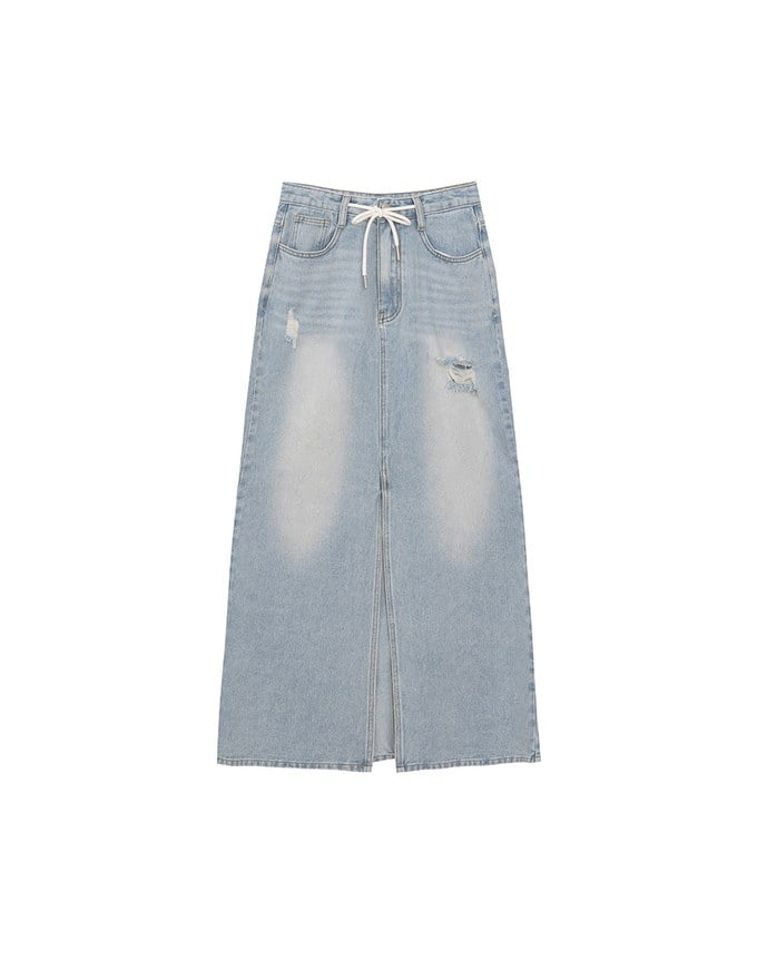 High Waist Distressed Front Slit Jeans Denim Maxi Skirt with Drawstring Detail