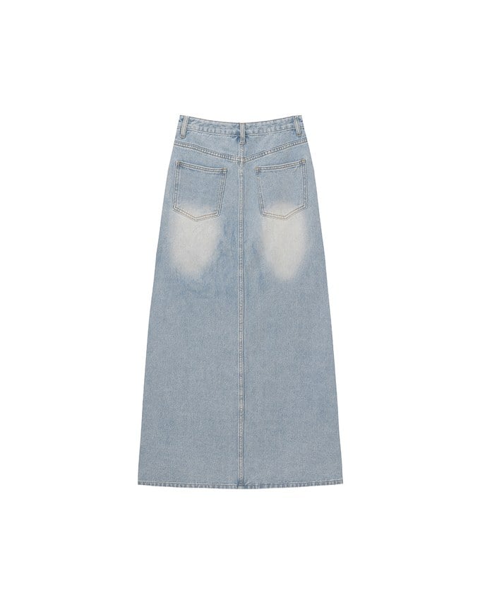 High Waist Distressed Front Slit Jeans Denim Maxi Skirt with Drawstring Detail