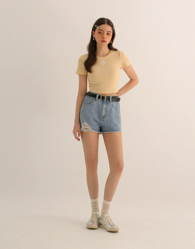 High Waist Distressed Frayed Hem Jeans Denim Shorts (with Belt)