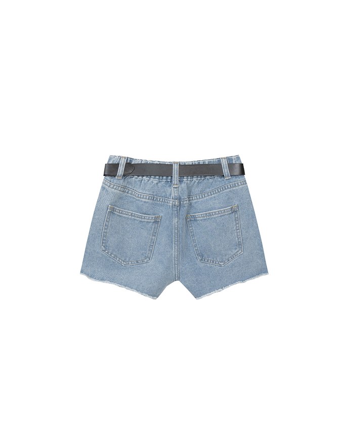High Waist Distressed Frayed Hem Jeans Denim Shorts (with Belt)
