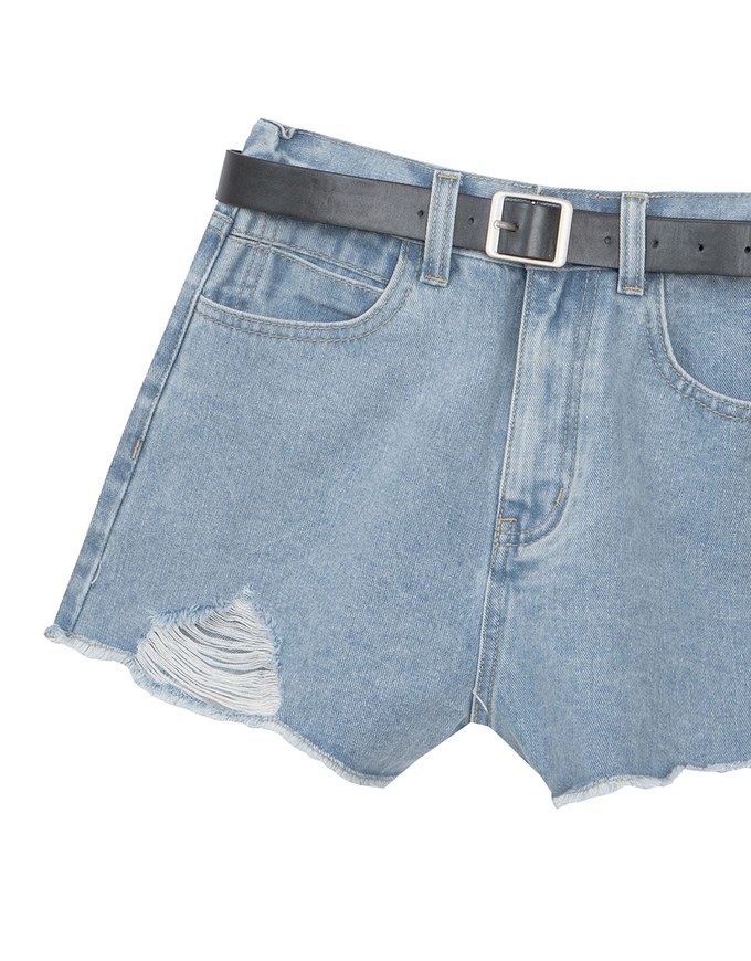 High Waist Distressed Frayed Hem Jeans Denim Shorts (with Belt)