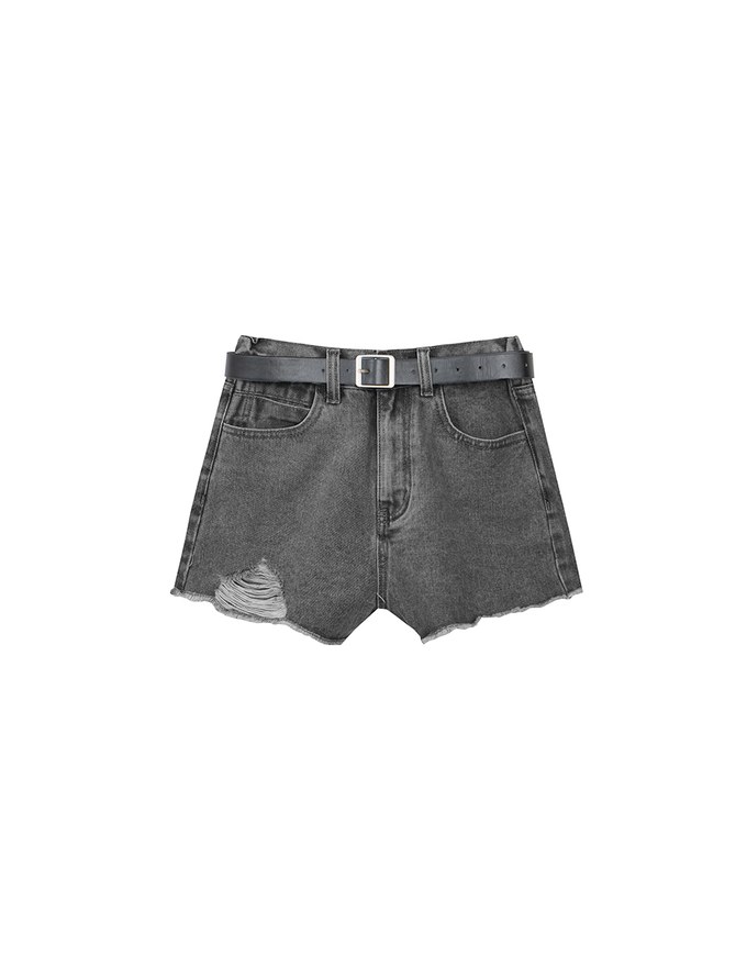 High Waist Distressed Frayed Hem Jeans Denim Shorts (with Belt)