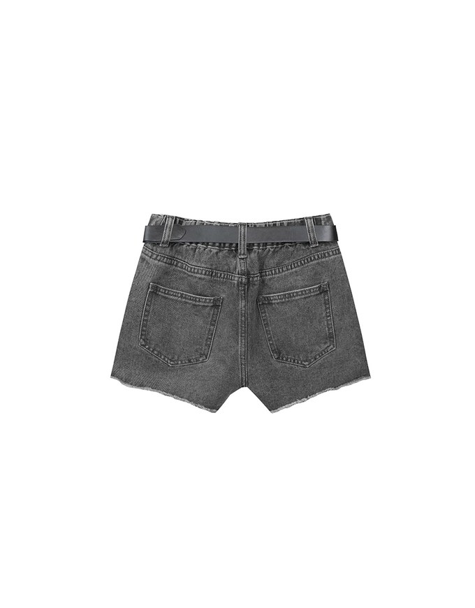 High Waist Distressed Frayed Hem Jeans Denim Shorts (with Belt)