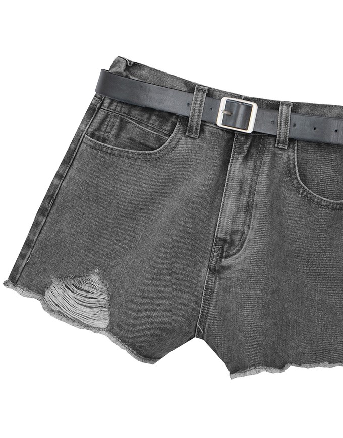 High Waist Distressed Frayed Hem Jeans Denim Shorts (with Belt)
