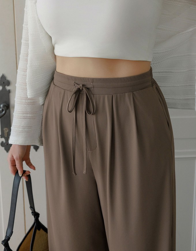 Cooling Fabric Front Pleated Wide Leg Pants with Drawstring Detail