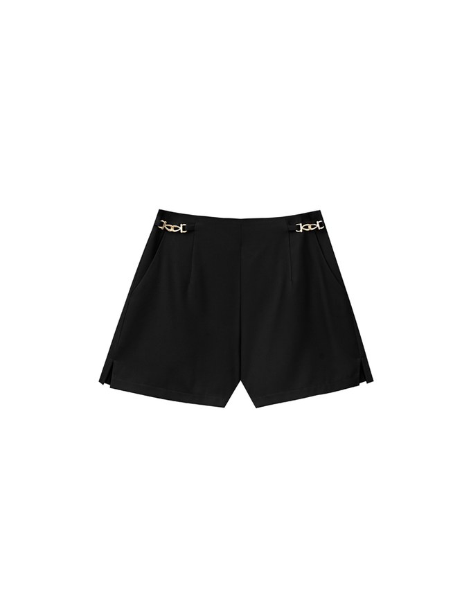 High Waist Chain Accent Pleated Tailored Shorts