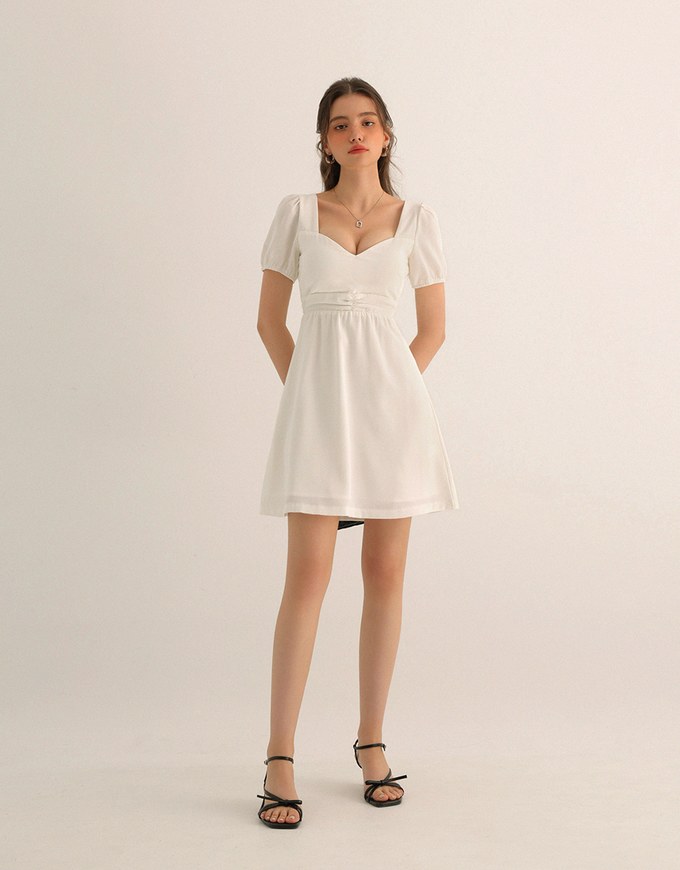 Ruched Front Puff Sleeve Mini Dress with Back Cut out Detail