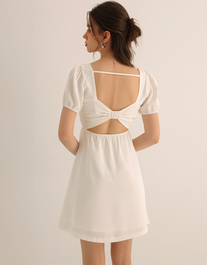 Ruched Front Puff Sleeve Mini Dress with Back Cut out Detail