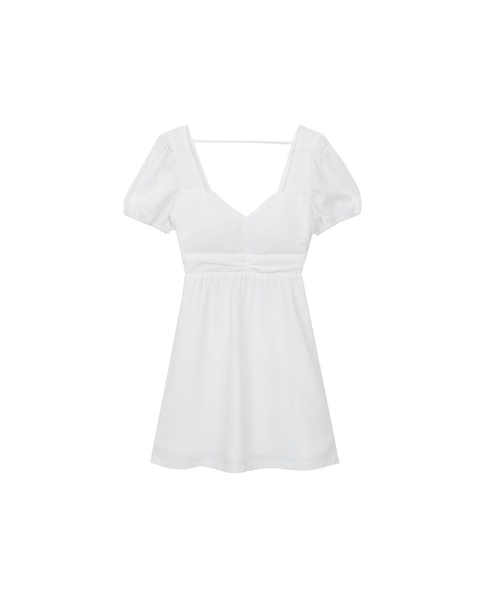 Ruched Front Puff Sleeve Mini Dress with Back Cut out Detail