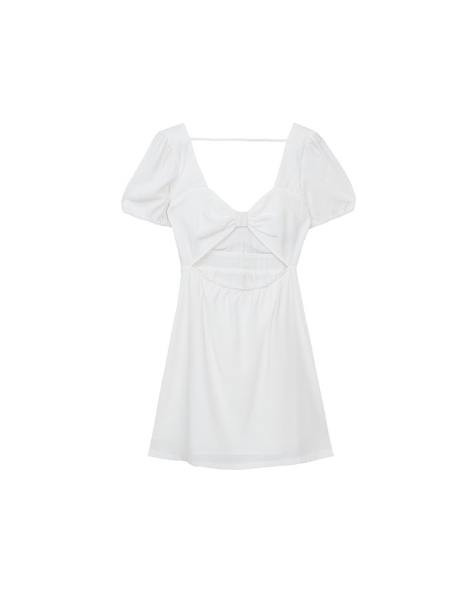 Ruched Front Puff Sleeve Mini Dress with Back Cut out Detail
