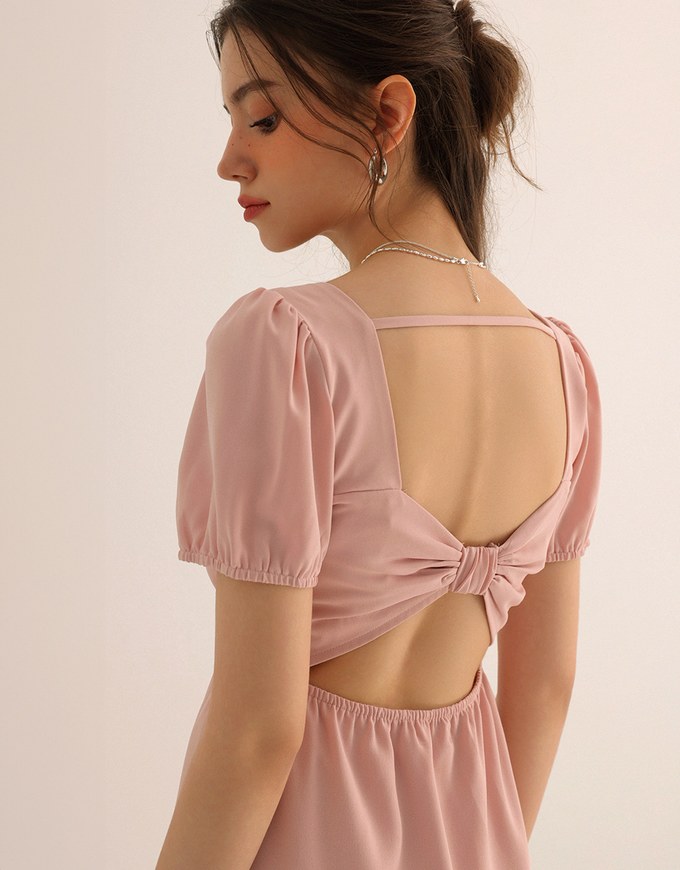 Ruched Front Puff Sleeve Mini Dress with Back Cut out Detail