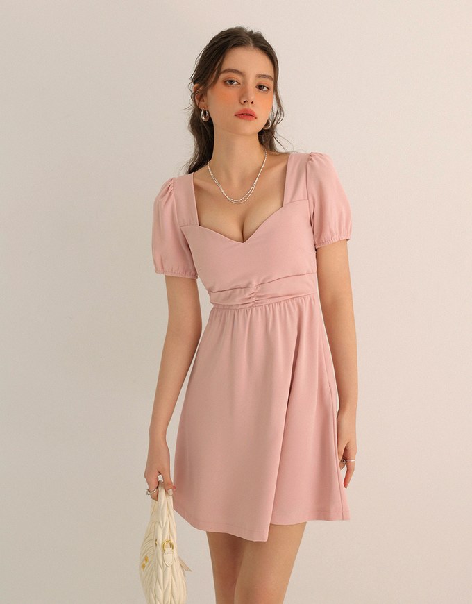 Ruched Front Puff Sleeve Mini Dress with Back Cut out Detail