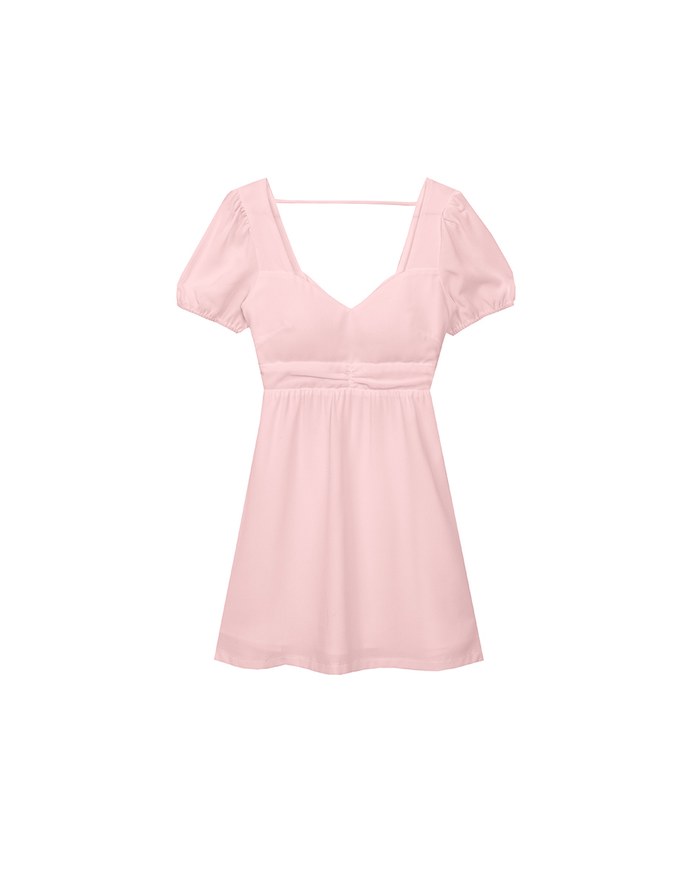Ruched Front Puff Sleeve Mini Dress with Back Cut out Detail
