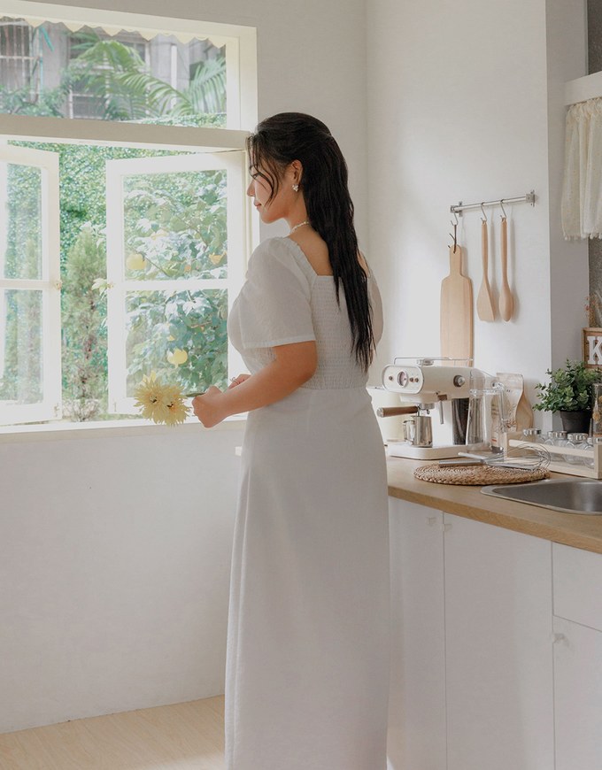 Maxi Dress with Side Slit and Bow Detail at Neckline