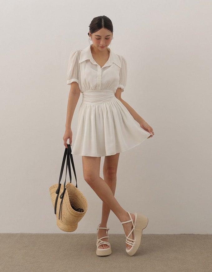Sheer Chiffon Puff Sleeve Collared Mini Dress with Ruched Waistband Detail