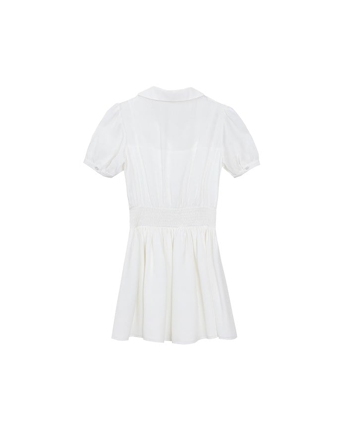Sheer Chiffon Puff Sleeve Collared Mini Dress with Ruched Waistband Detail