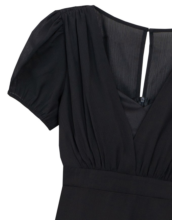 V Neck Sheer Puff Sleeve Padded Maxi Dress with Draped Asymmetrical Hemline