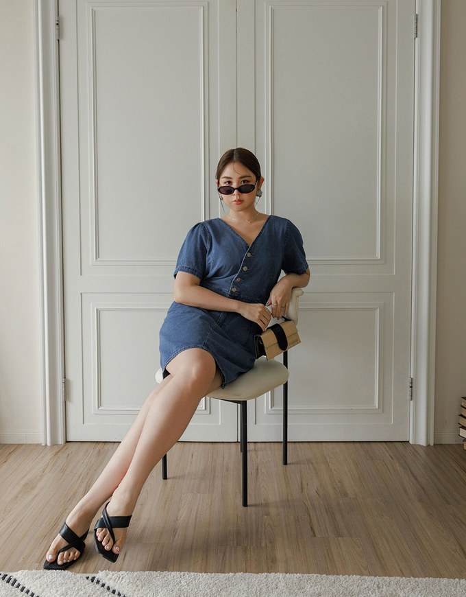 Short Sleeve V Neck Front Button Jeans Denim Mini Dress
