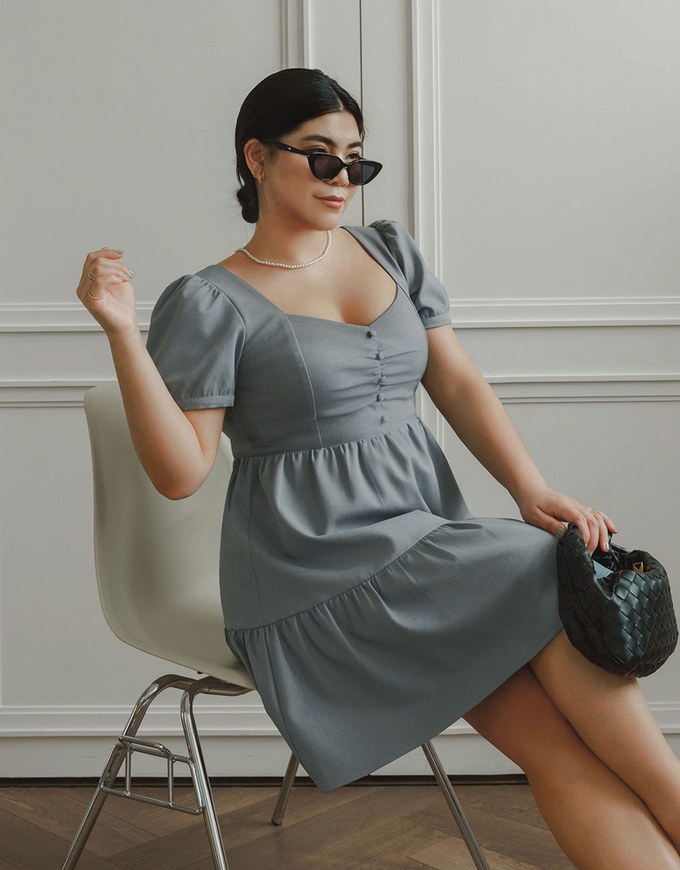 Sweetheart Neckline Puff Sleeve Tiered Mini Dress with Button Detail