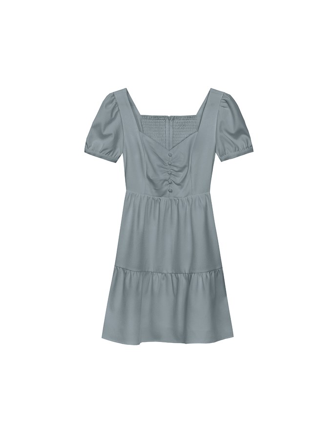 Sweetheart Neckline Puff Sleeve Tiered Mini Dress with Button Detail