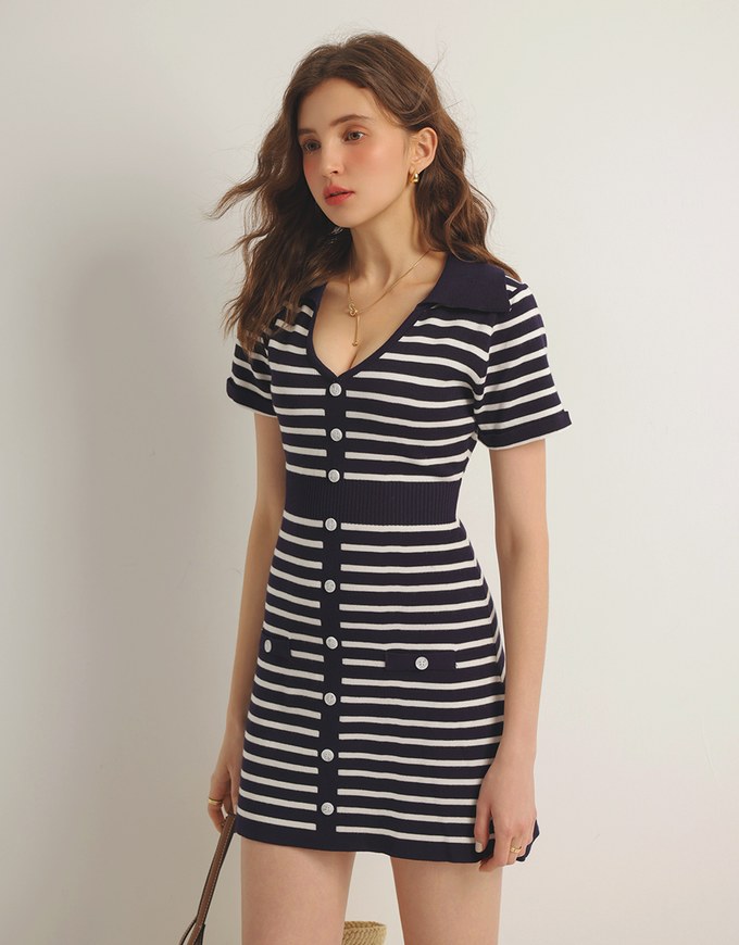 Striped Knit Mini Dress with Collar and Decorative Buttons