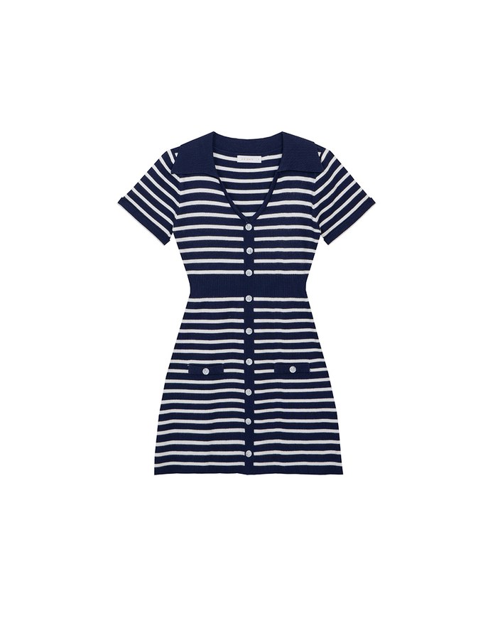 Striped Knit Mini Dress with Collar and Decorative Buttons