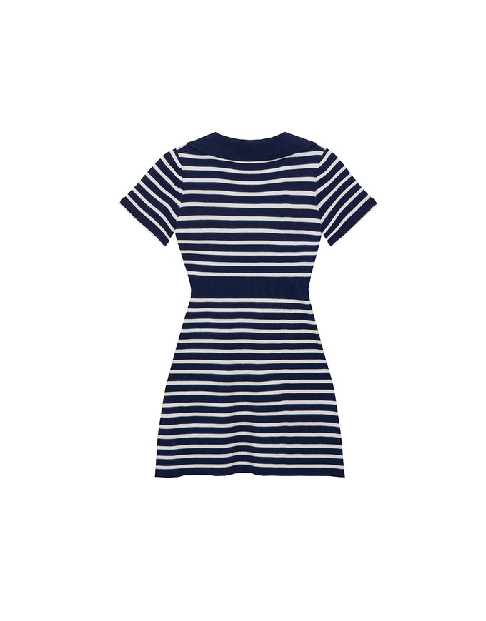 Striped Knit Mini Dress with Collar and Decorative Buttons