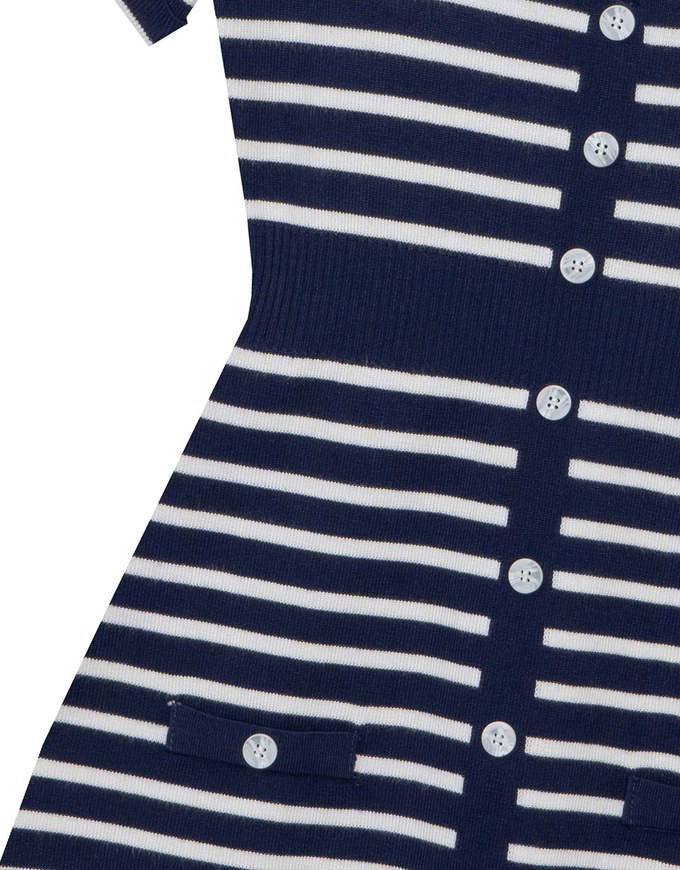 Striped Knit Mini Dress with Collar and Decorative Buttons
