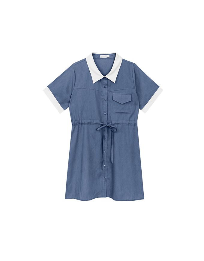 Contrast Collar Button Front Shirt Mini Dress with Drawstring Waist